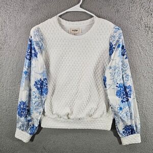 Porridge Clothing Womens XS White Bubble Knit Top Blue Floral Puff Sleeve Mixed
